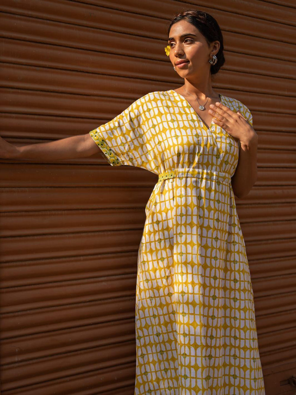 Sunshine Yellow Handblock Print Long Cotton Midi Bloom Dress - Moontara