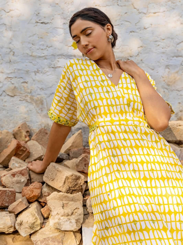 Sunshine Yellow Handblock Print Long Cotton Midi Bloom Dress - Moontara