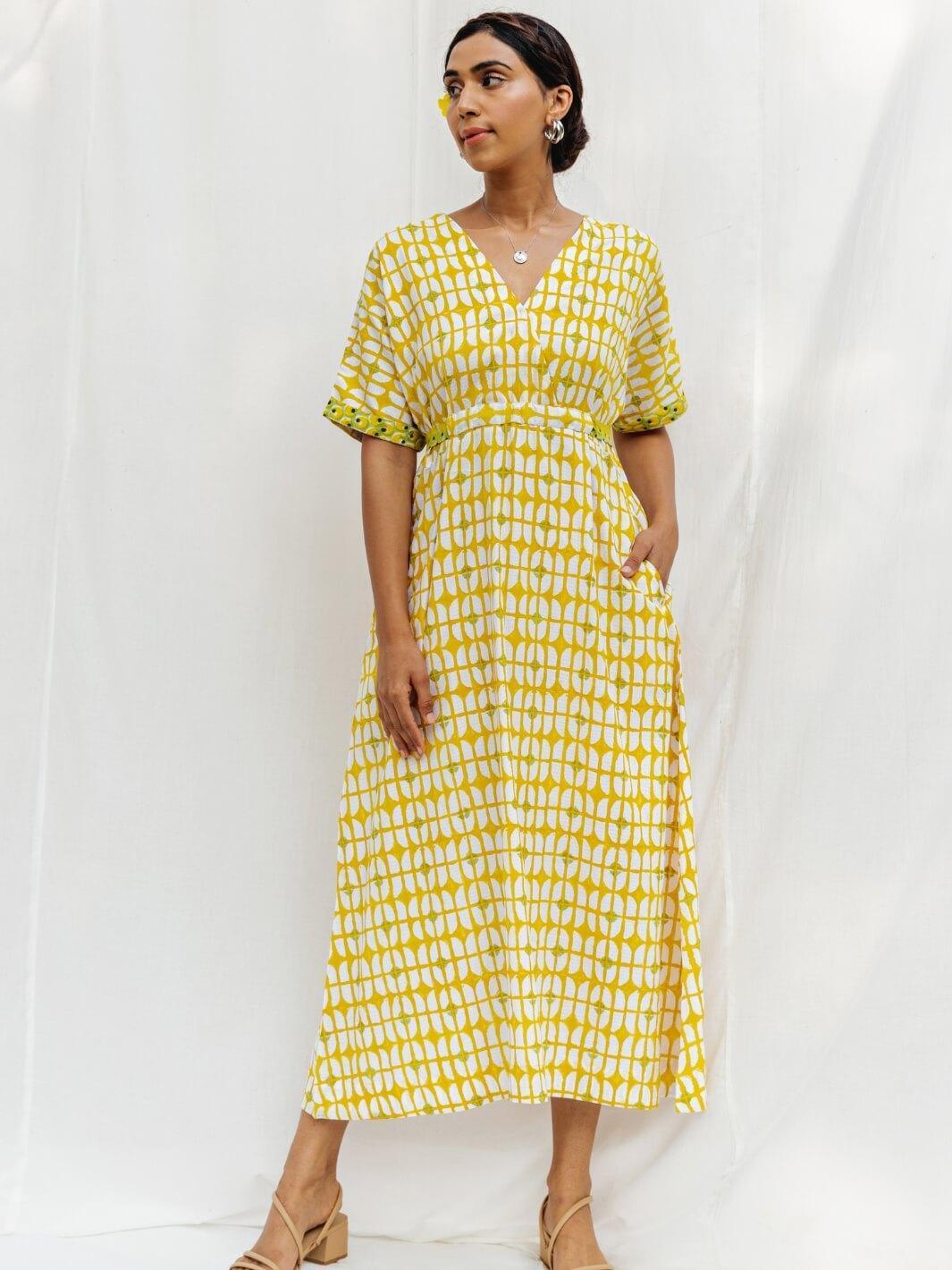 Sunshine Yellow Handblock Print Long Cotton Midi Bloom Dress - Moontara