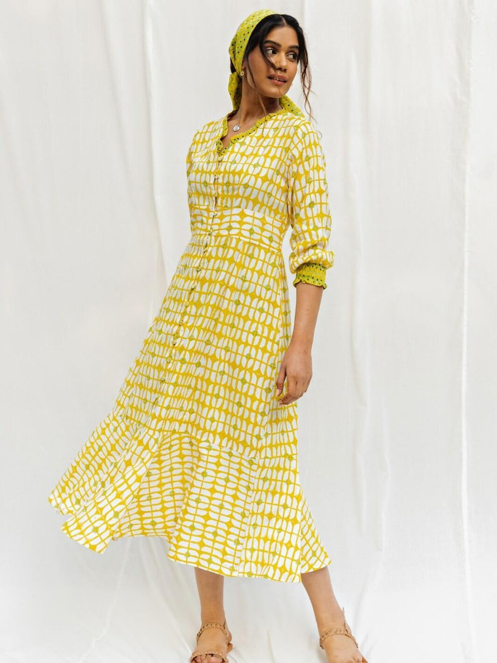 Sunshine Yellow Handblock Print Long Cotton Midi Joy Dress - Moontara