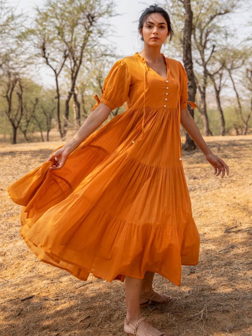Tangerine Flared Cotton Voile Maxi Dress - Moontara