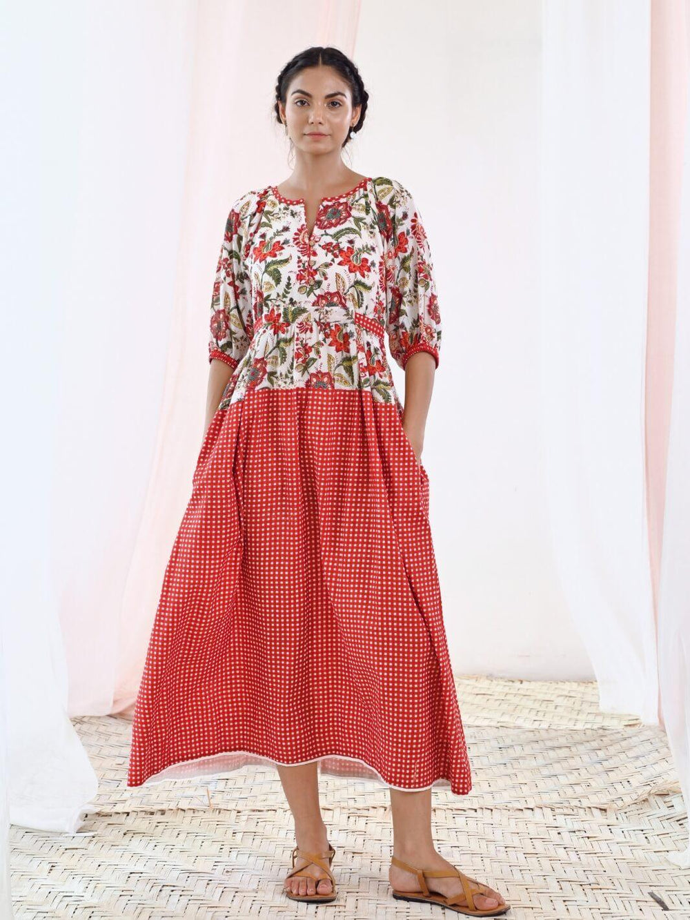 White & Red Cotton Long Floral Dress with Balloon Sleeves - Moontara