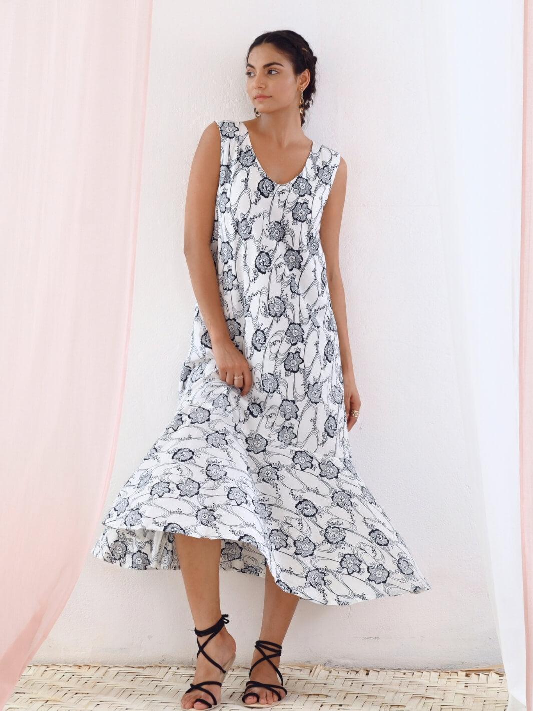 White Printed A-Line Sleeveless Cotton Dress - Moontara