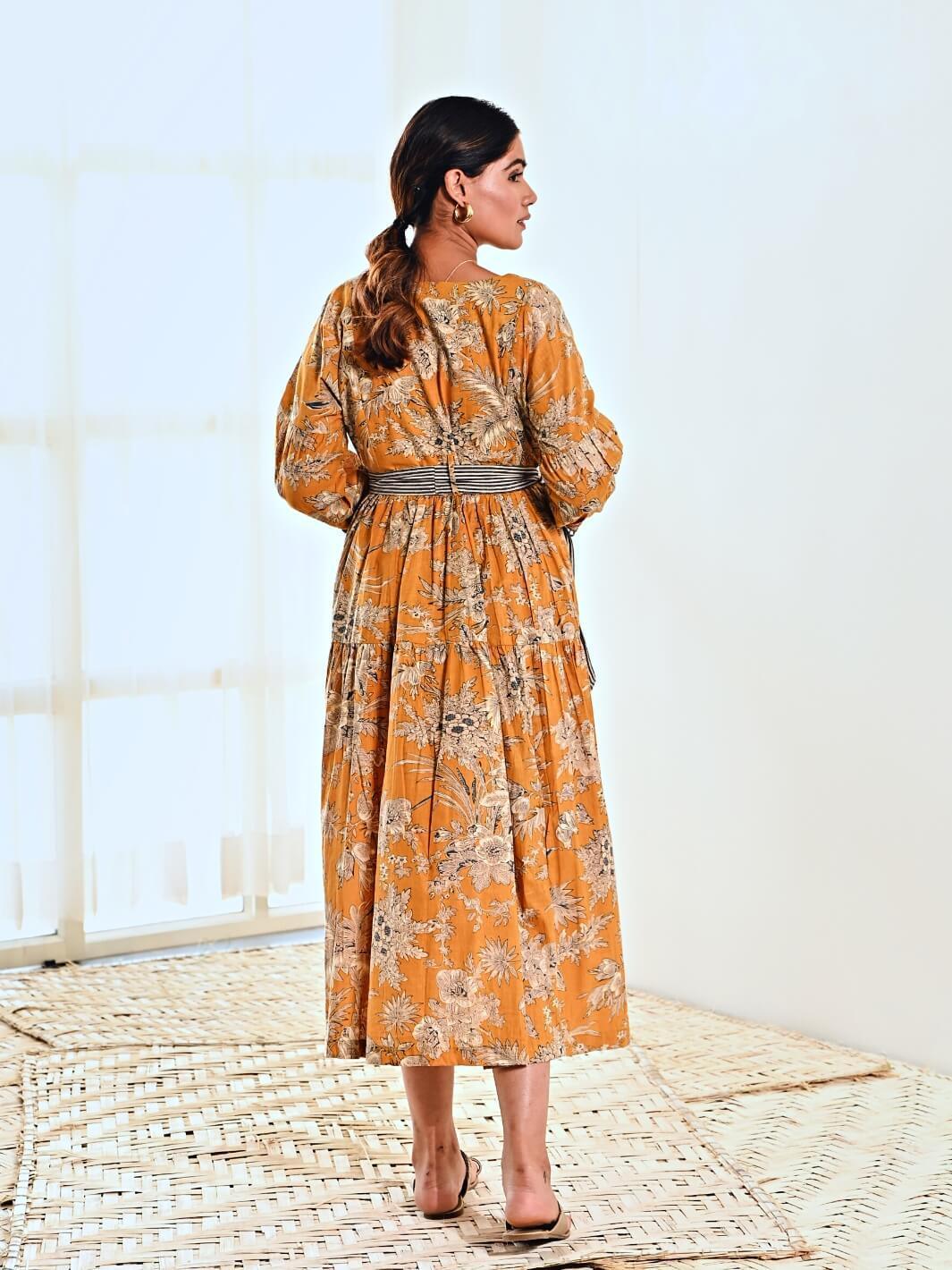 Yellow Cotton Floral Print Maxi Long Dress with Belt - Moontara