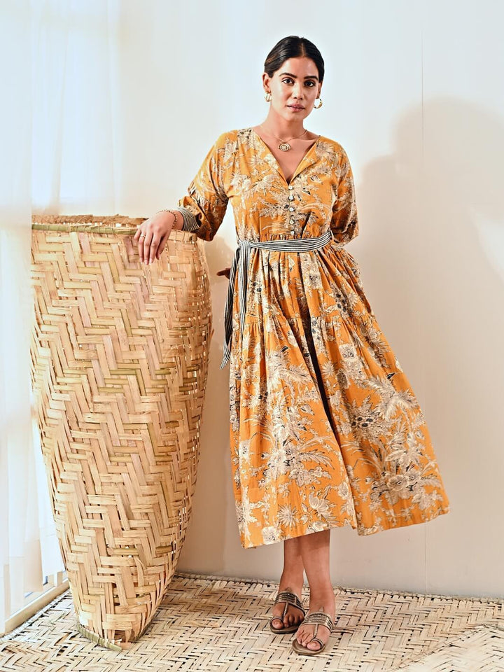 Yellow Cotton Floral Print Maxi Long Dress with Belt - Moontara