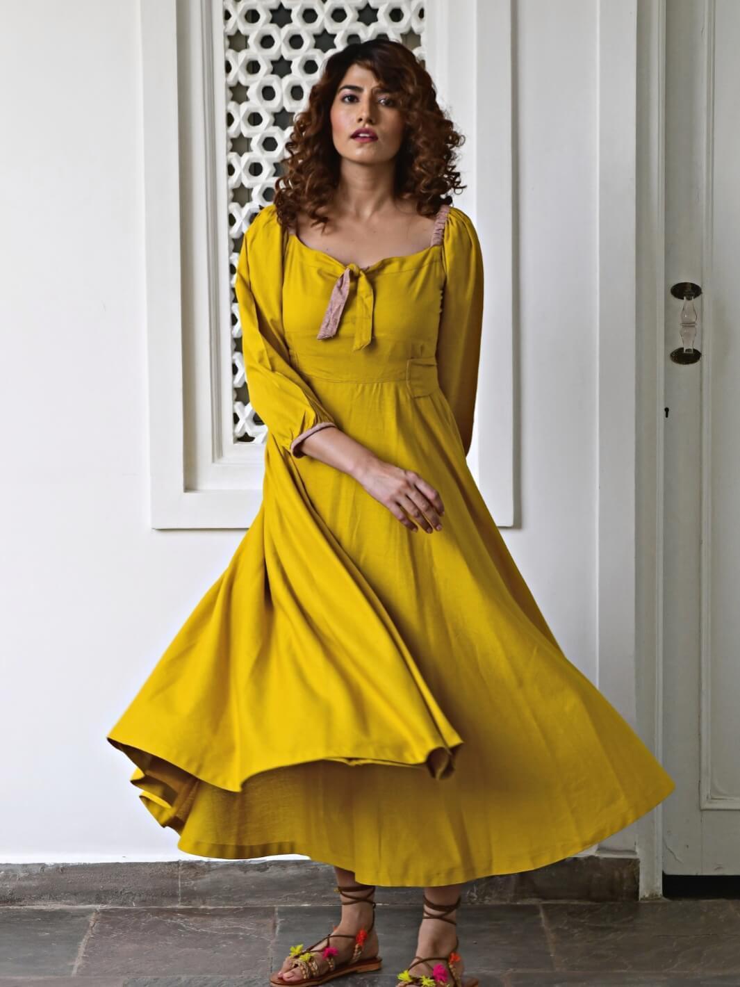 Yellow Flared Long Cotton Maxi Dress - Moontara
