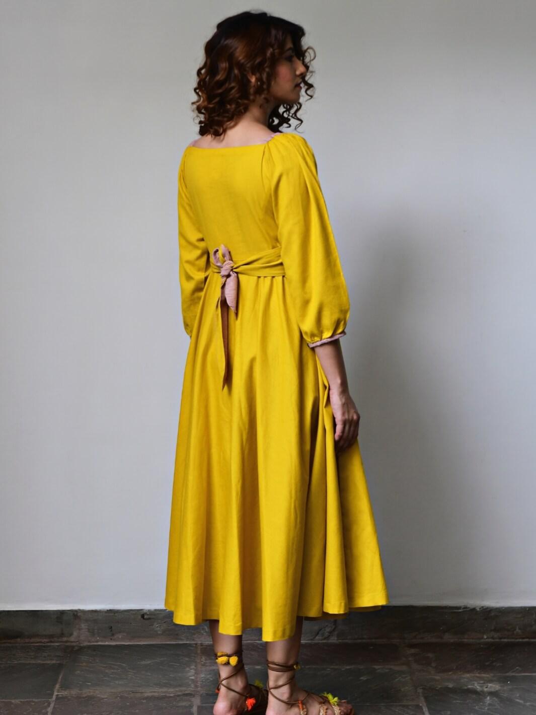 Yellow Flared Long Cotton Maxi Dress - Moontara
