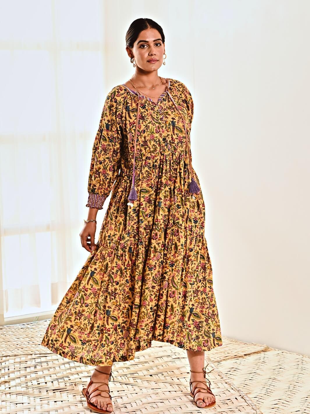 Yellow Print Cotton Maxi Long Dress - Moontara